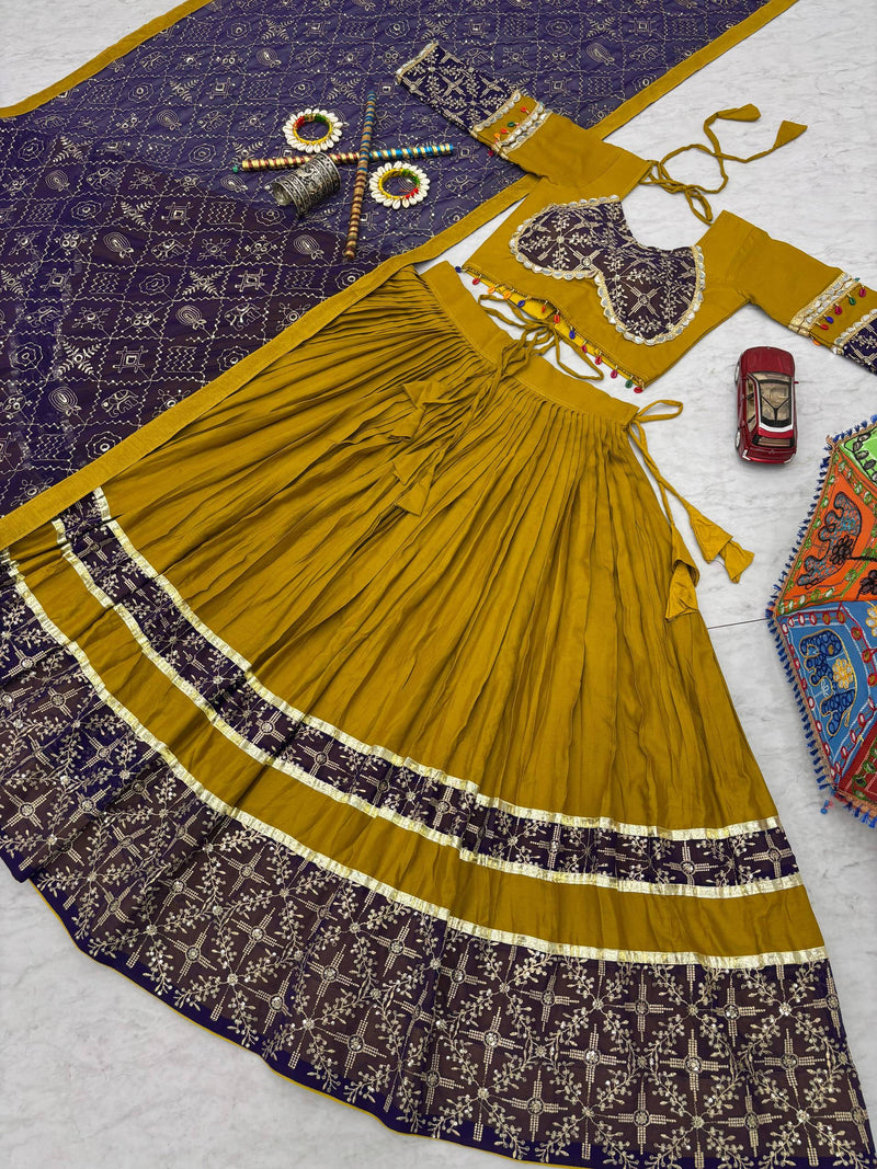 Mustard Yellow Color Pure Rayon Cotton Navratri Lehenga Choli