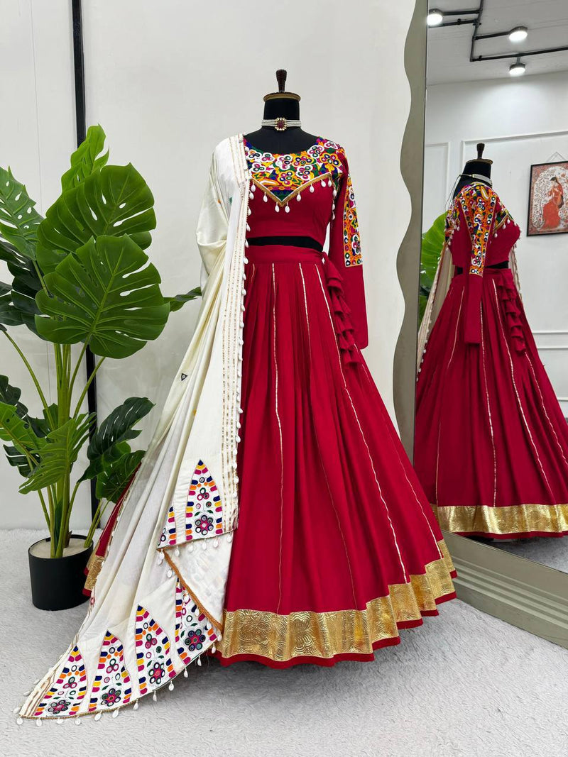 Red Color Pure Rayon Cotton with Gamthi Work Navratri Lehenga Choli