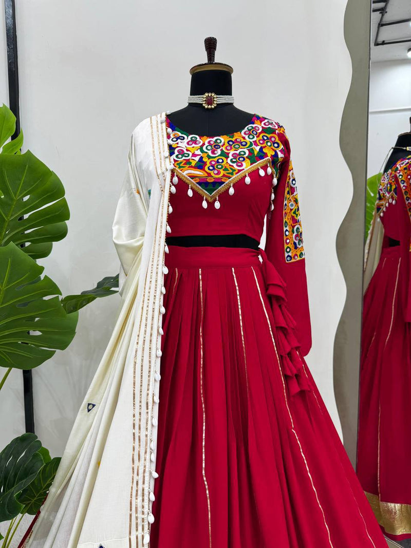 Red Color Pure Rayon Cotton with Gamthi Work Navratri Lehenga Choli