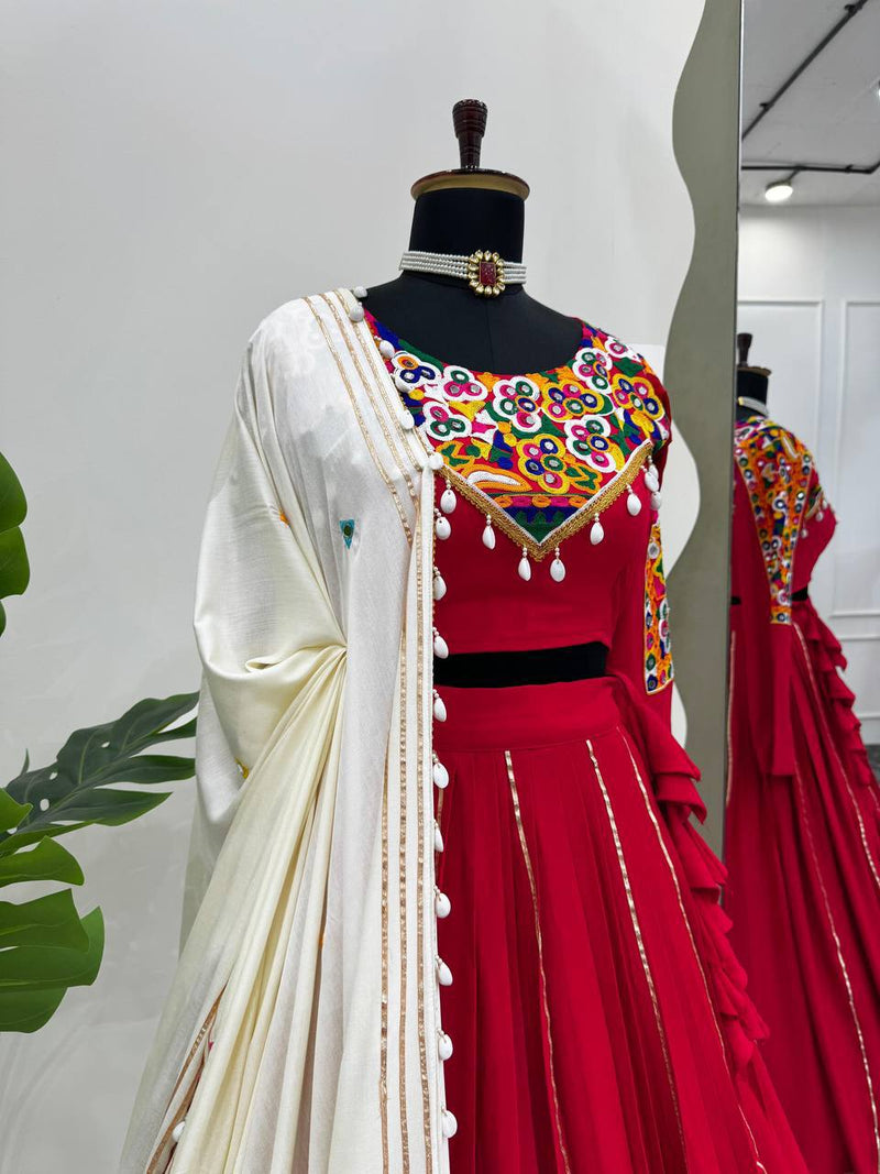 Red Color Pure Rayon Cotton with Gamthi Work Navratri Lehenga Choli