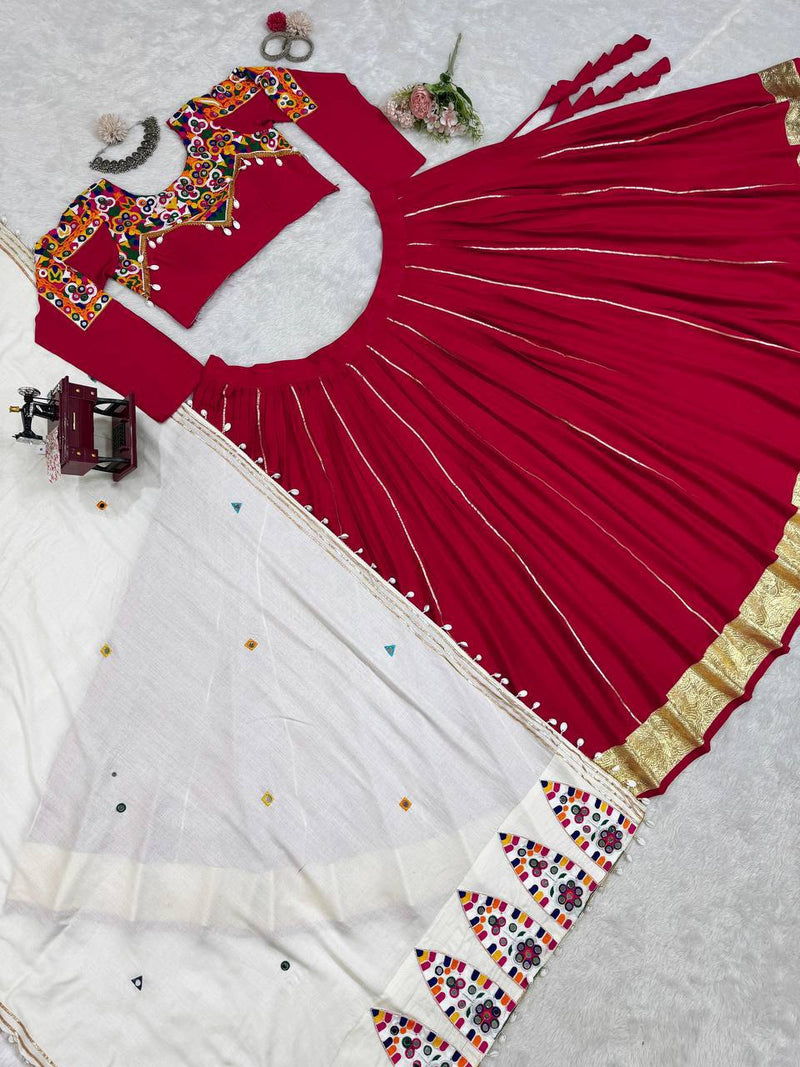 Red Color Pure Rayon Cotton with Gamthi Work Navratri Lehenga Choli