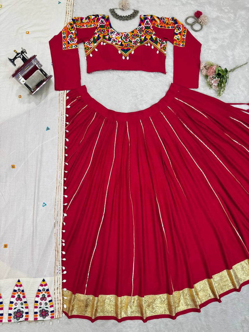 Red Color Pure Rayon Cotton with Gamthi Work Navratri Lehenga Choli