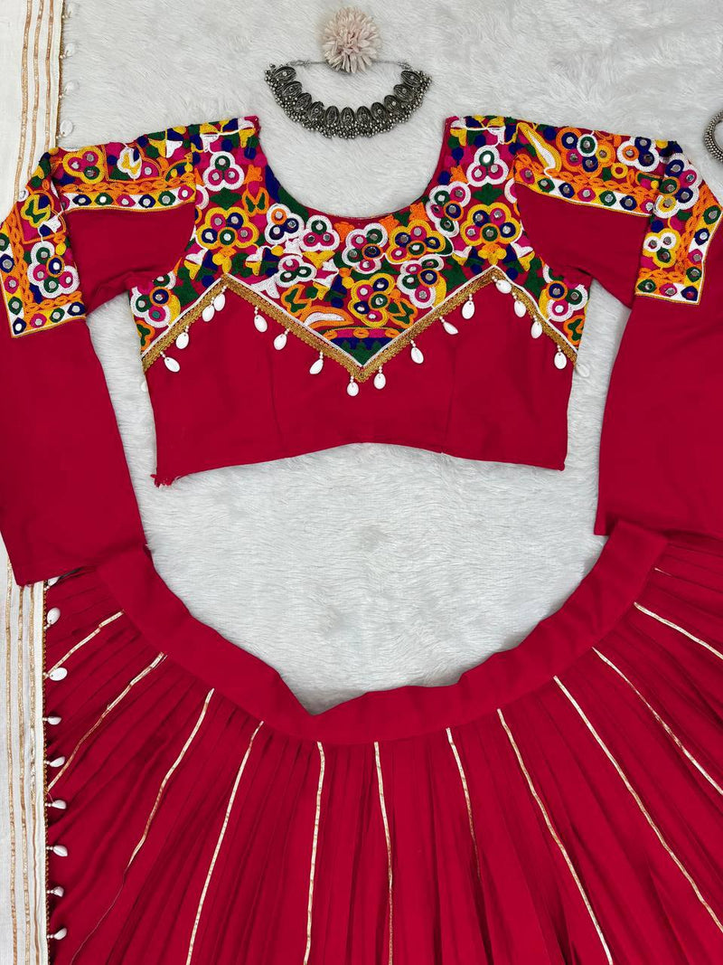 Red Color Pure Rayon Cotton with Gamthi Work Navratri Lehenga Choli