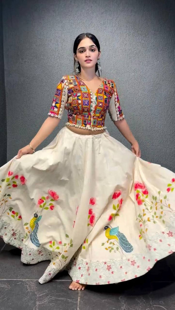 White Color Rayon Sequnce with Chainstich Navratri Lehenga Choli
