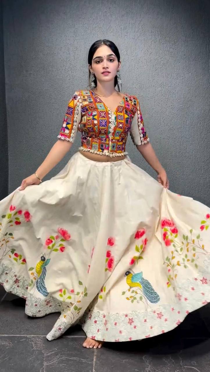 White Color Rayon Sequnce with Chainstich Navratri Lehenga Choli