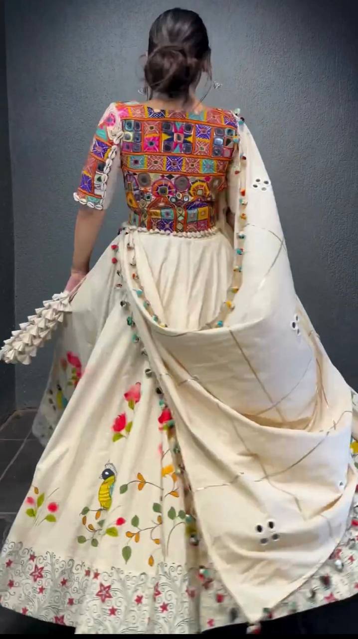 White Color Rayon Sequnce with Chainstich Navratri Lehenga Choli