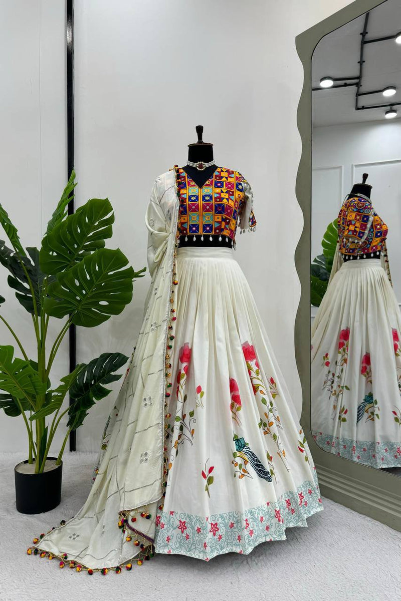 White Color Rayon Sequnce with Chainstich Navratri Lehenga Choli