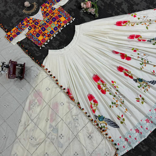 White Color Rayon Sequnce with Chainstich Navratri Lehenga Choli
