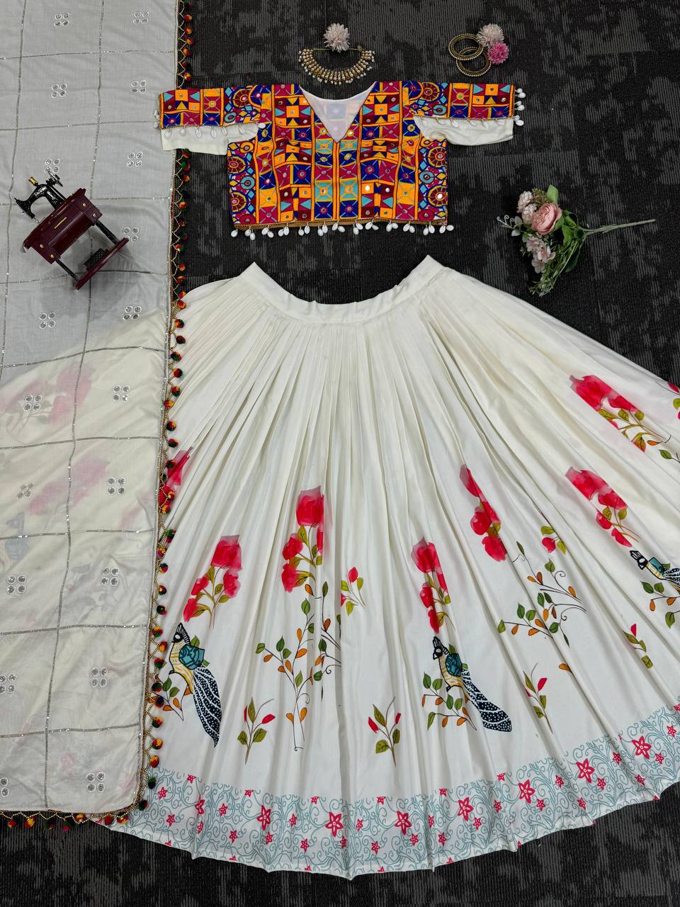 White Color Rayon Sequnce with Chainstich Navratri Lehenga Choli