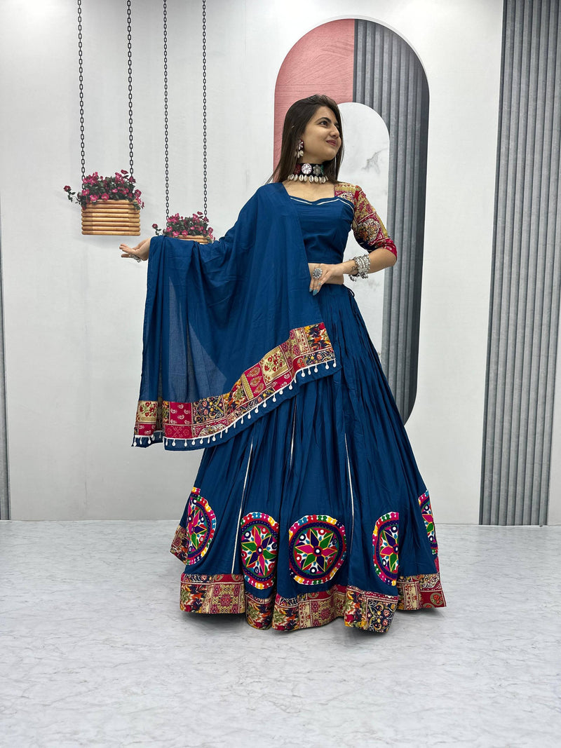 Blue Color Pure Rayon Cotton Gamthi Work Navratri Lehenga Choli