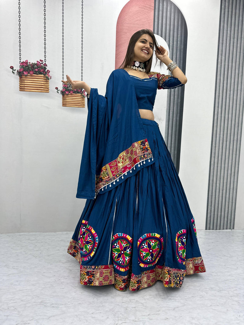 Blue Color Pure Rayon Cotton Gamthi Work Navratri Lehenga Choli