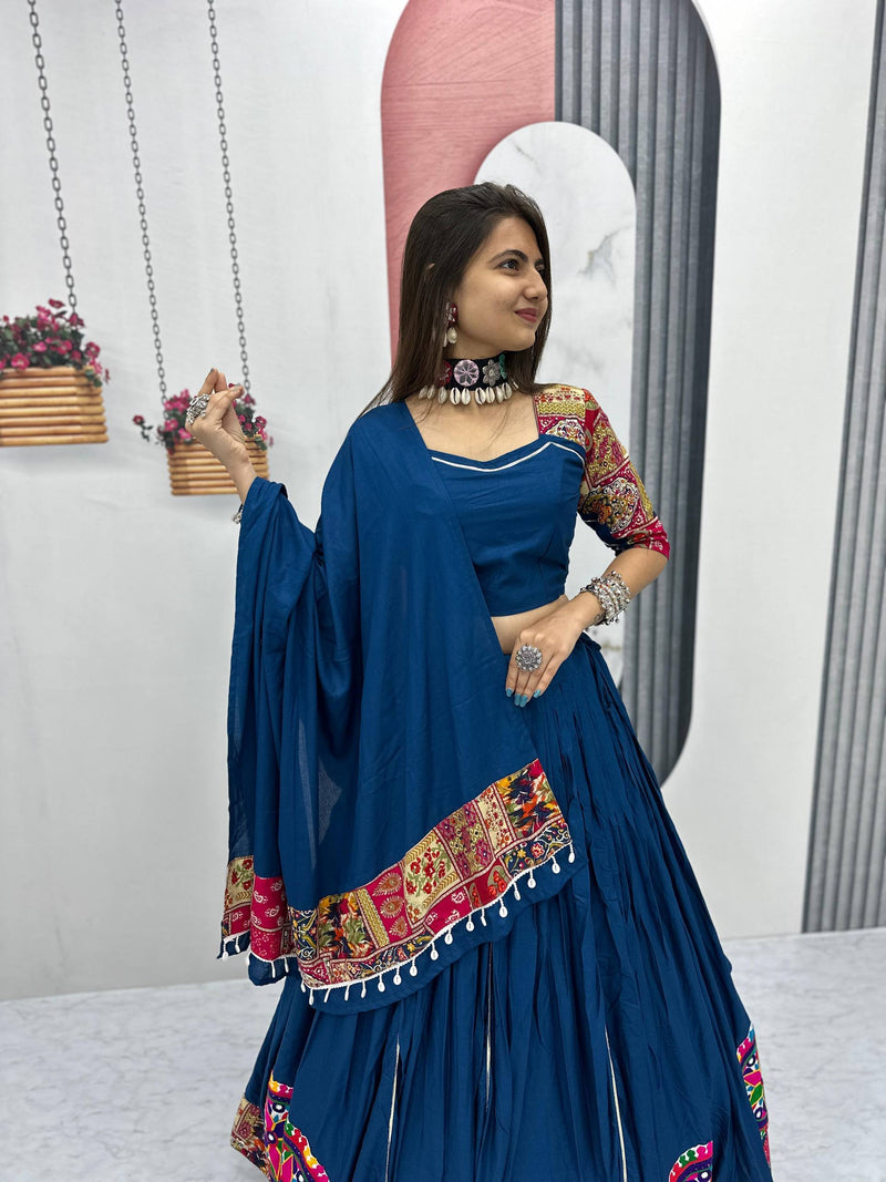 Blue Color Pure Rayon Cotton Gamthi Work Navratri Lehenga Choli