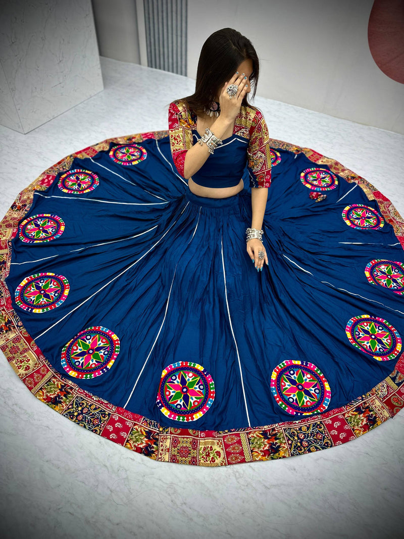 Blue Color Pure Rayon Cotton Gamthi Work Navratri Lehenga Choli
