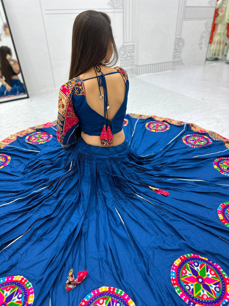 Blue Color Pure Rayon Cotton Gamthi Work Navratri Lehenga Choli