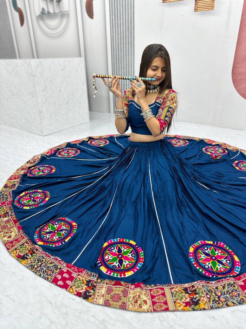 Blue Color Pure Rayon Cotton Gamthi Work Navratri Lehenga Choli