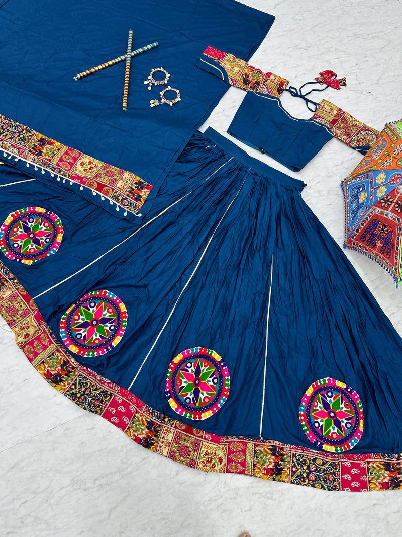 Blue Color Pure Rayon Cotton Gamthi Work Navratri Lehenga Choli