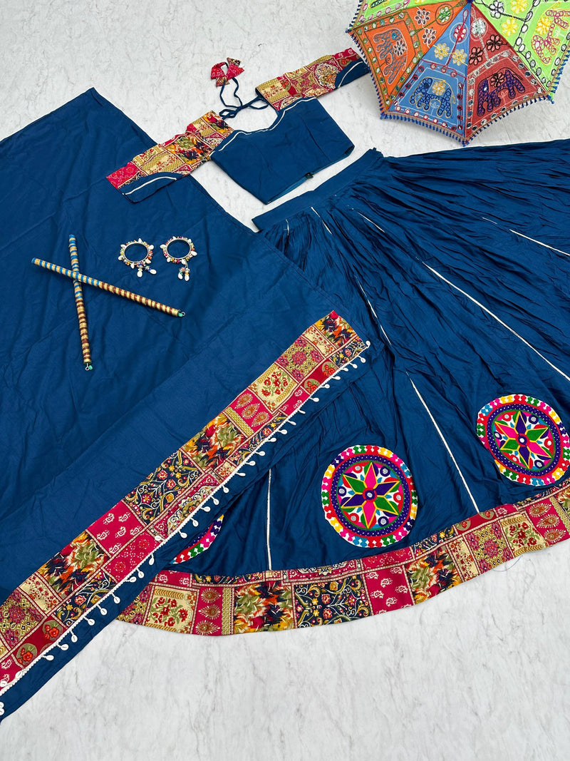 Blue Color Pure Rayon Cotton Gamthi Work Navratri Lehenga Choli