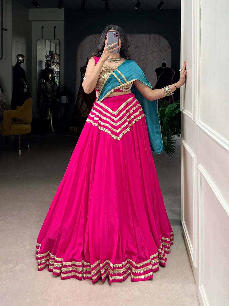 Pink Color Pure Chiffon Sequince Lace Navratri Lehenga Choli