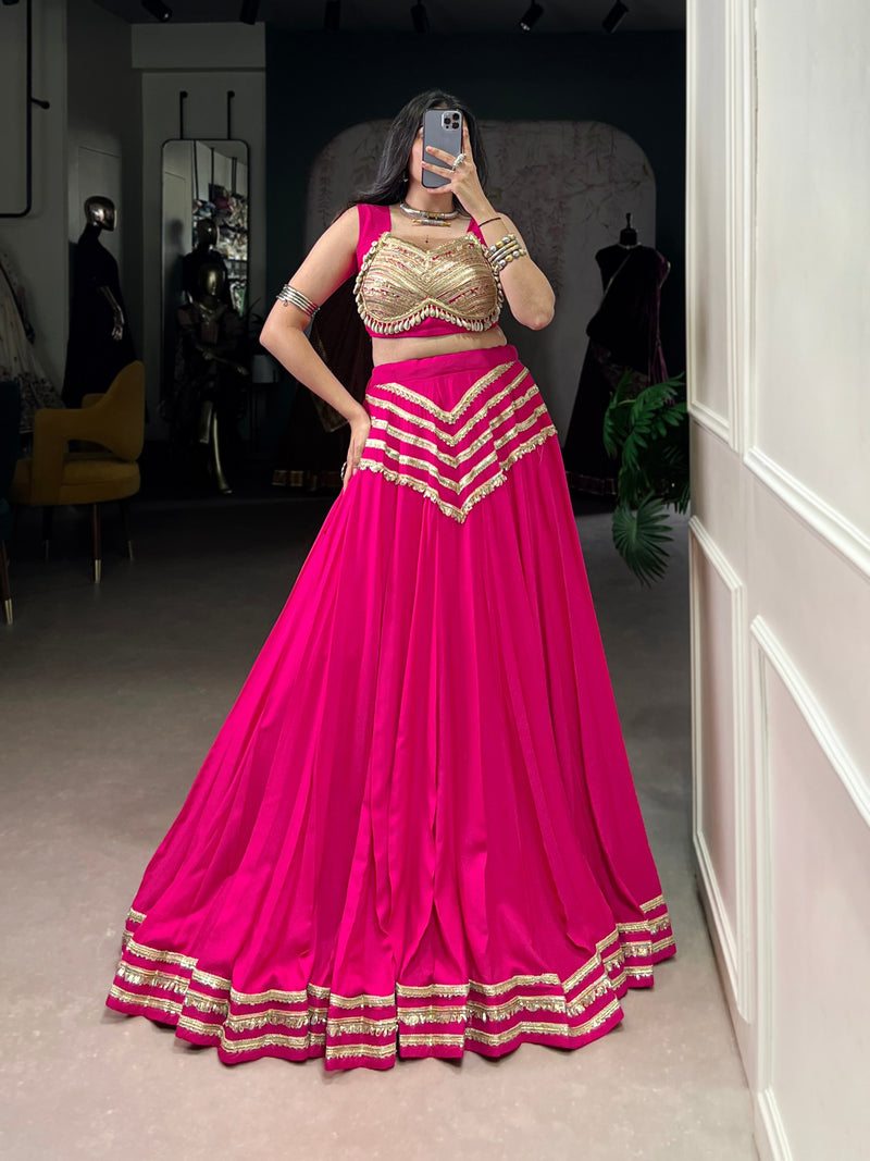 Pink Color Pure Chiffon Sequince Lace Navratri Lehenga Choli
