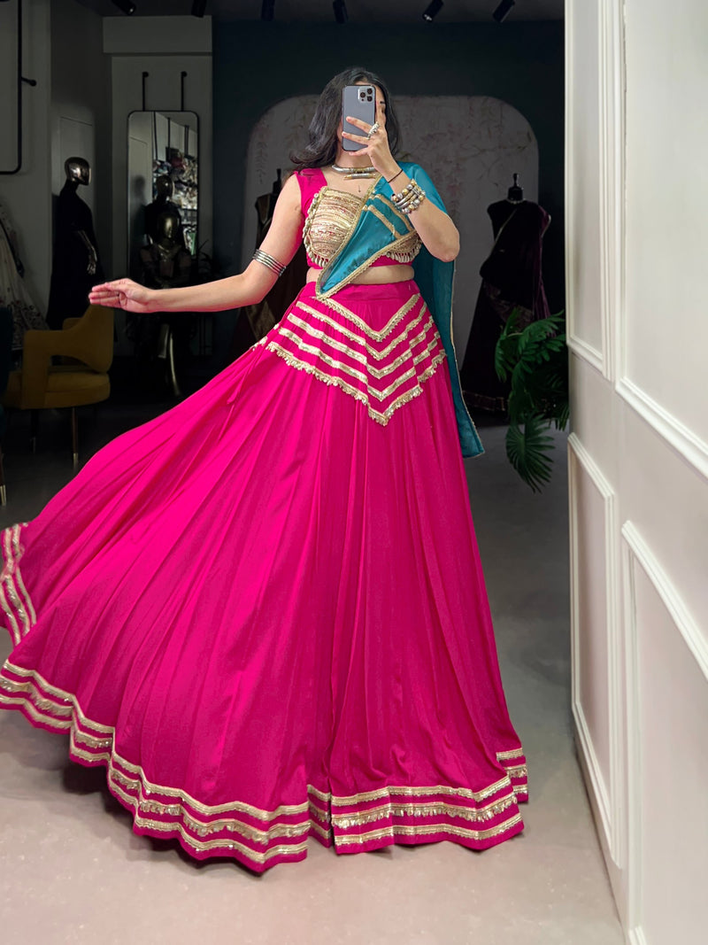 Pink Color Pure Chiffon Sequince Lace Navratri Lehenga Choli