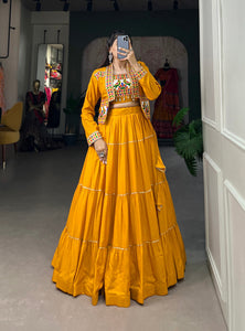 Mustard Yellow Color Pure Rayon Gamthi Work Navratri Lehenga Choli