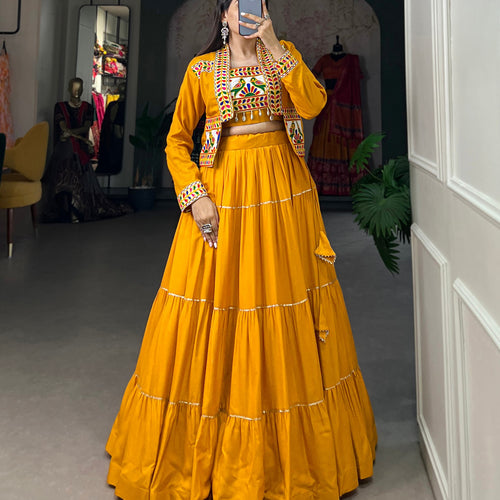 Mustard Yellow Color Pure Rayon Gamthi Work Navratri Lehenga Choli
