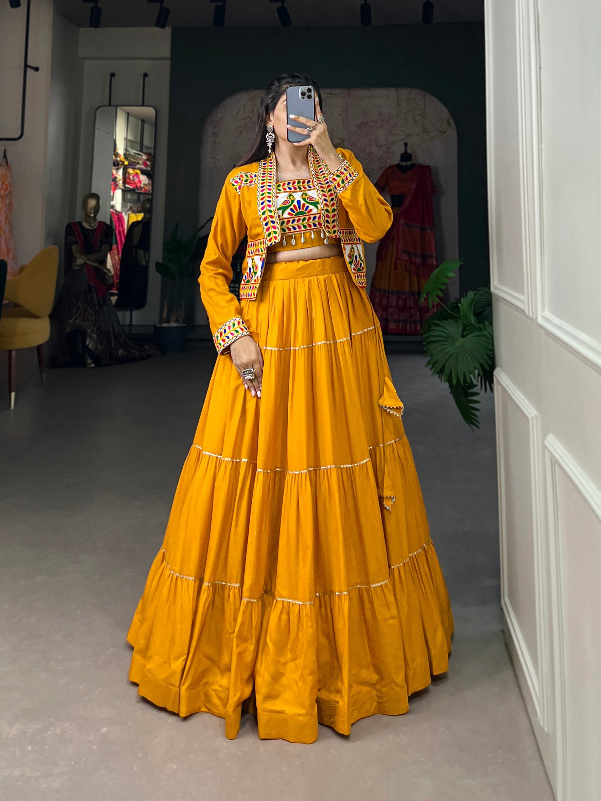 Mustard Yellow Color Pure Rayon Gamthi Work Navratri Lehenga Choli