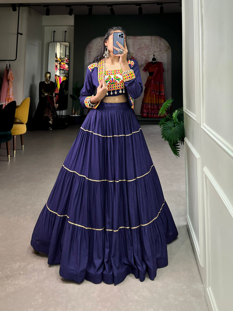 Navy Blue Color Pure Rayon Gamthi Work Navratri Lehenga Choli
