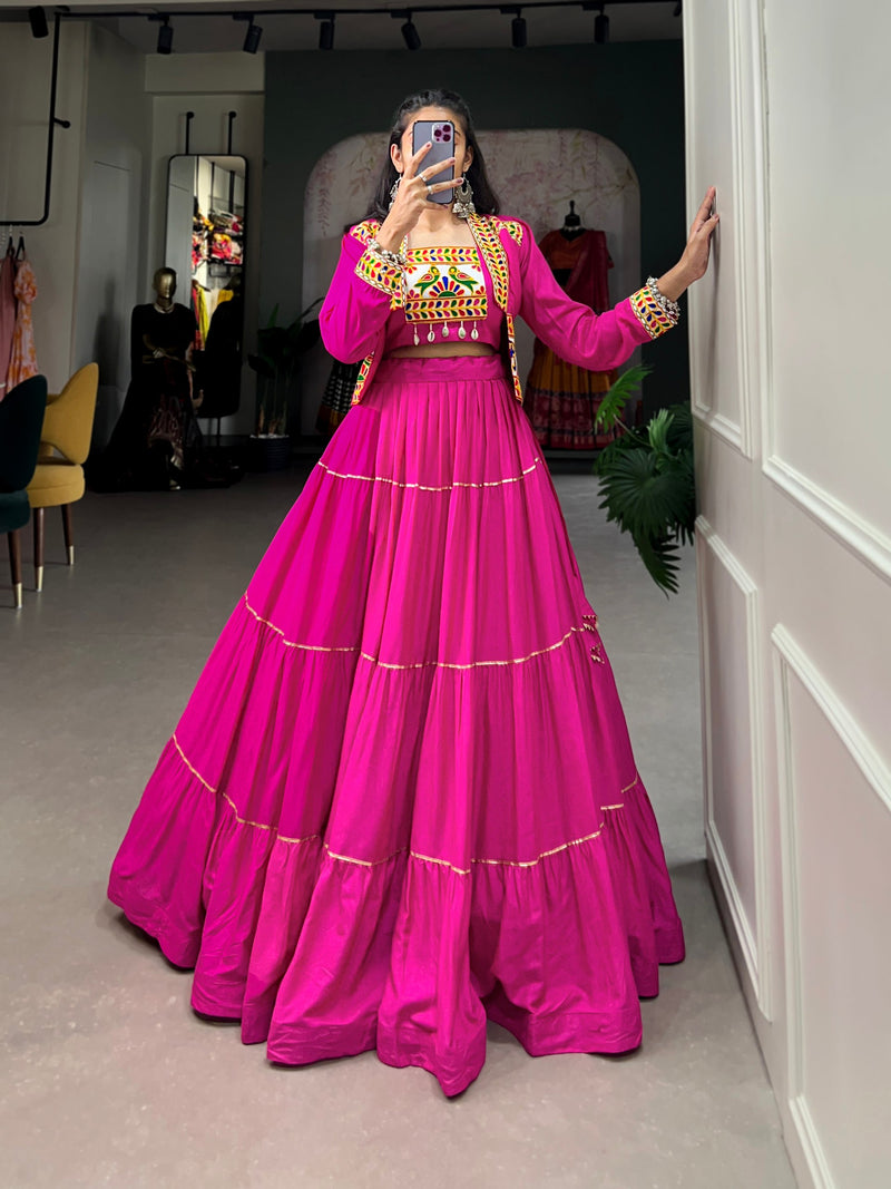 Pink Color Pure Rayon Gamthi Work Navratri Lehenga Choli