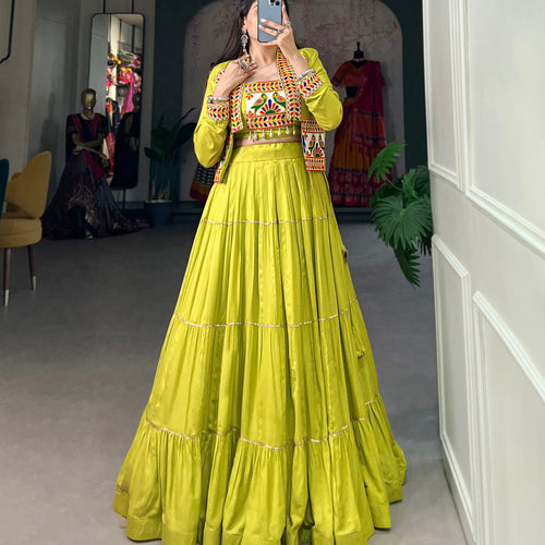 Parrot Color Pure Rayon Gamthi Work Navratri Lehenga Choli