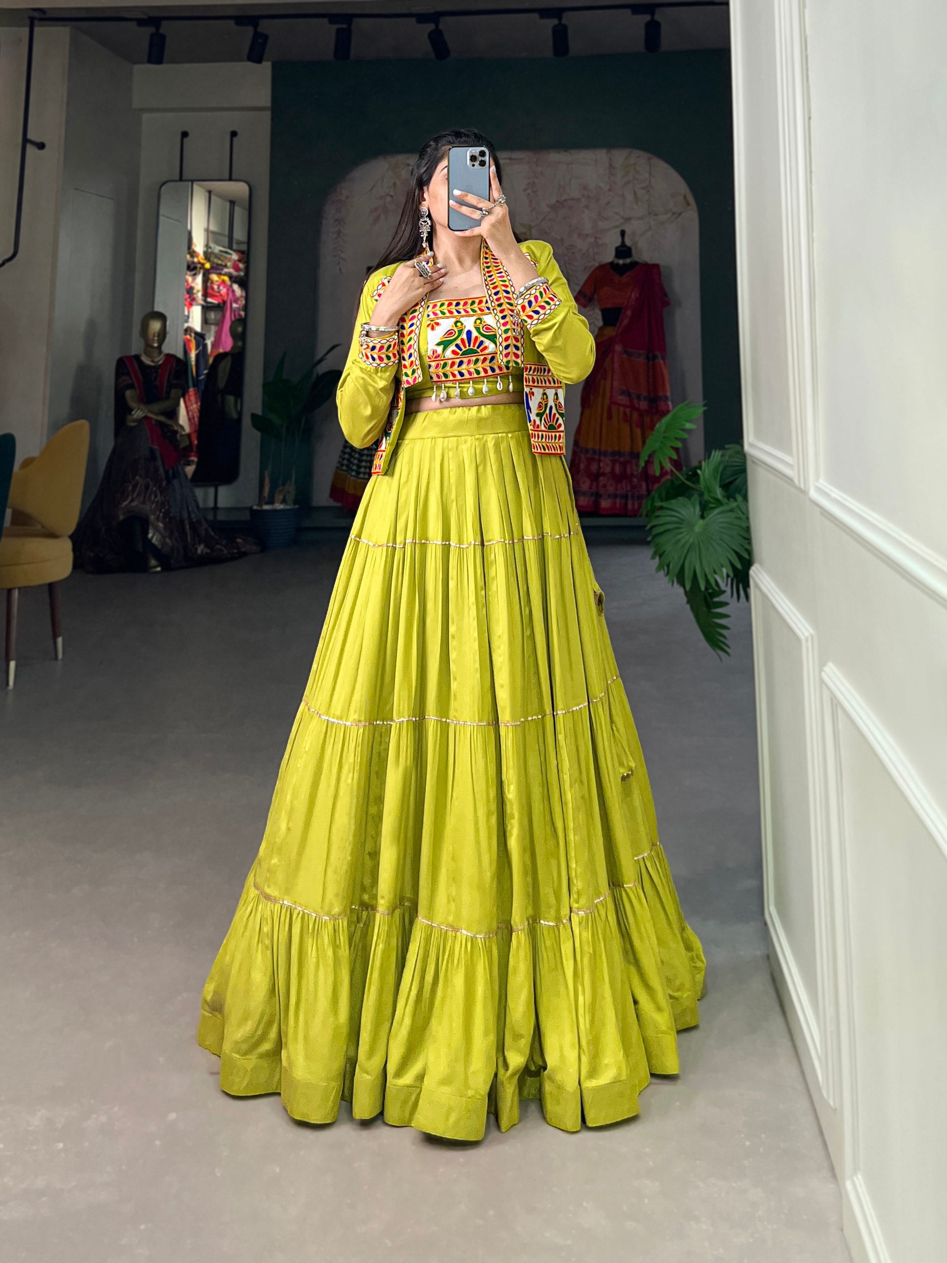 Parrot Color Pure Rayon Gamthi Work Navratri Lehenga Choli