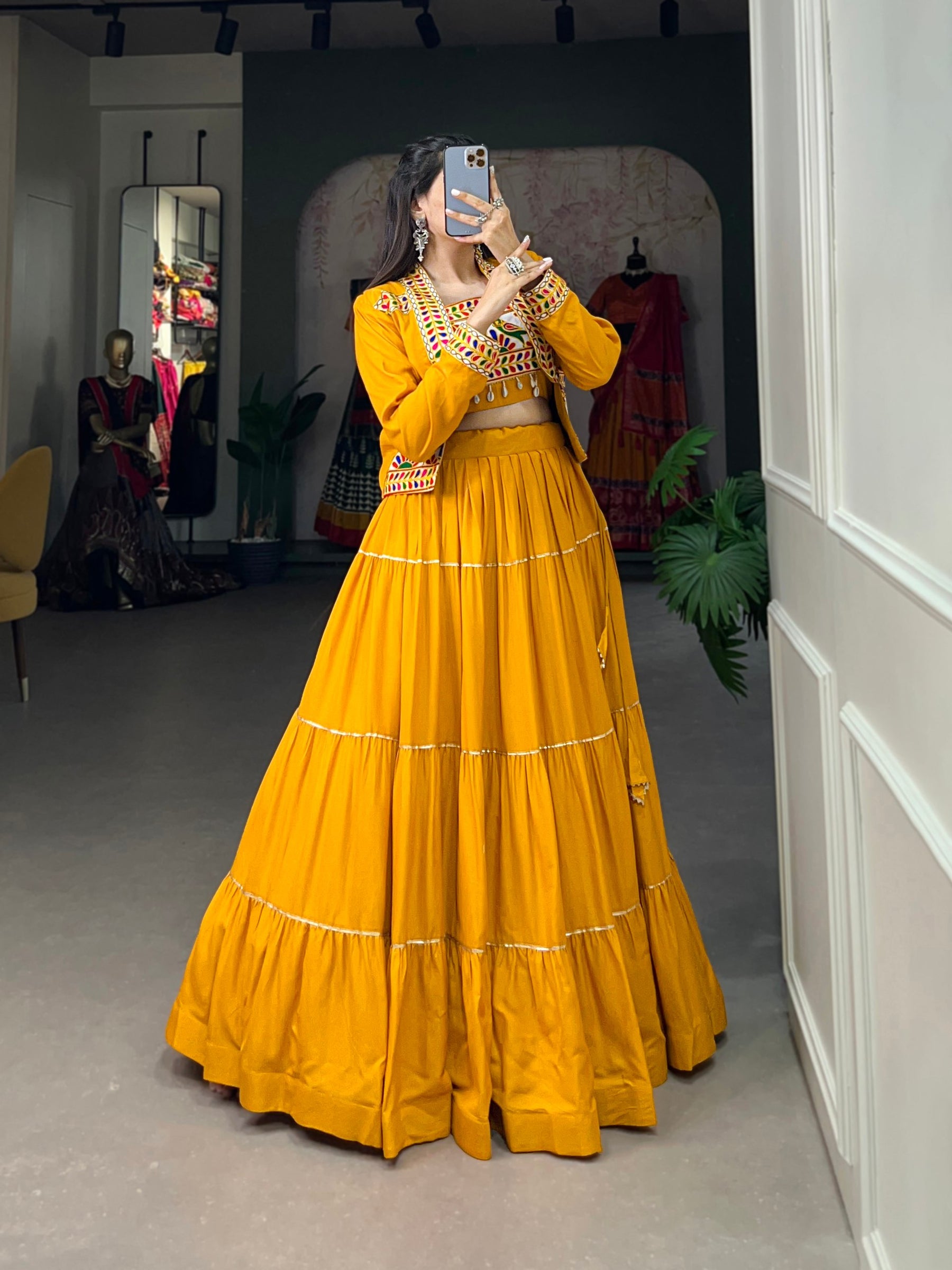 Mustard Yellow Color Pure Rayon Gamthi Work Navratri Lehenga Choli