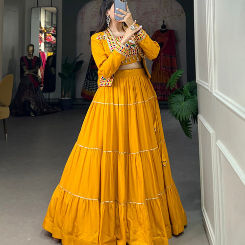 Mustard Yellow Color Pure Rayon Gamthi Work Navratri Lehenga Choli