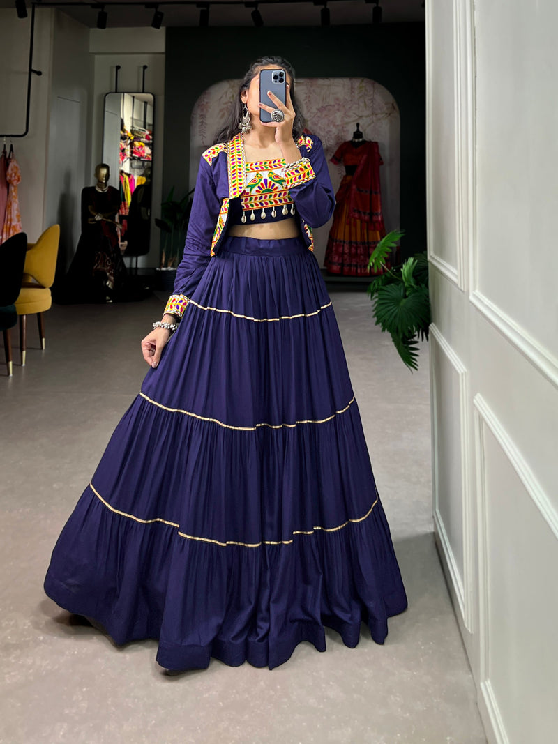 Navy Blue Color Pure Rayon Gamthi Work Navratri Lehenga Choli