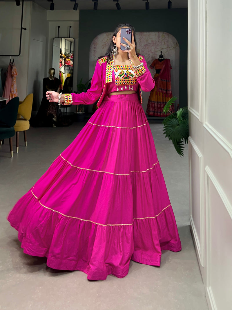 Pink Color Pure Rayon Gamthi Work Navratri Lehenga Choli
