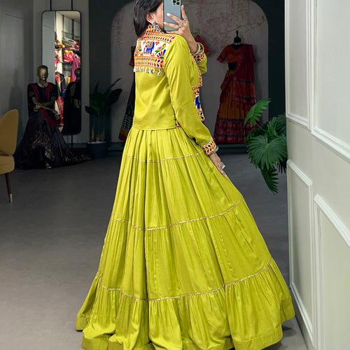 Parrot Color Pure Rayon Gamthi Work Navratri Lehenga Choli