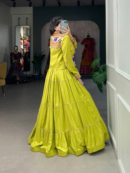 Parrot Color Pure Rayon Gamthi Work Navratri Lehenga Choli