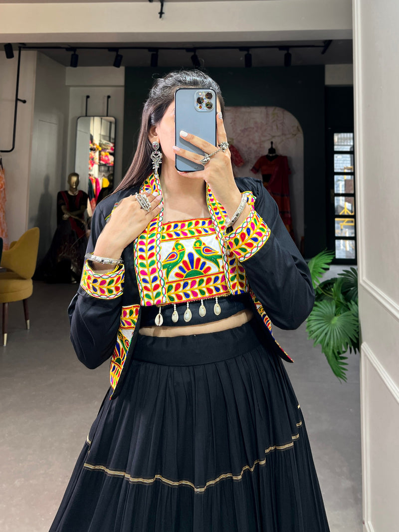 Black Color Pure Rayon Gamthi Work Navratri Lehenga Choli