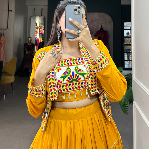 Mustard Yellow Color Pure Rayon Gamthi Work Navratri Lehenga Choli