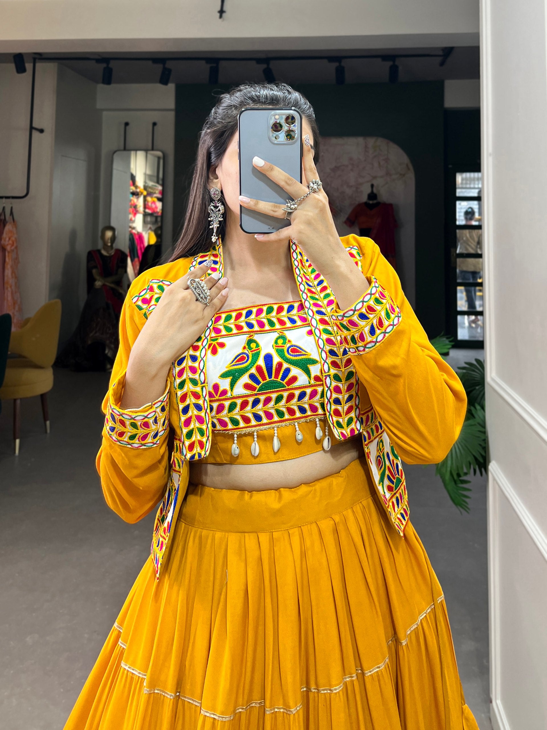 Mustard Yellow Color Pure Rayon Gamthi Work Navratri Lehenga Choli