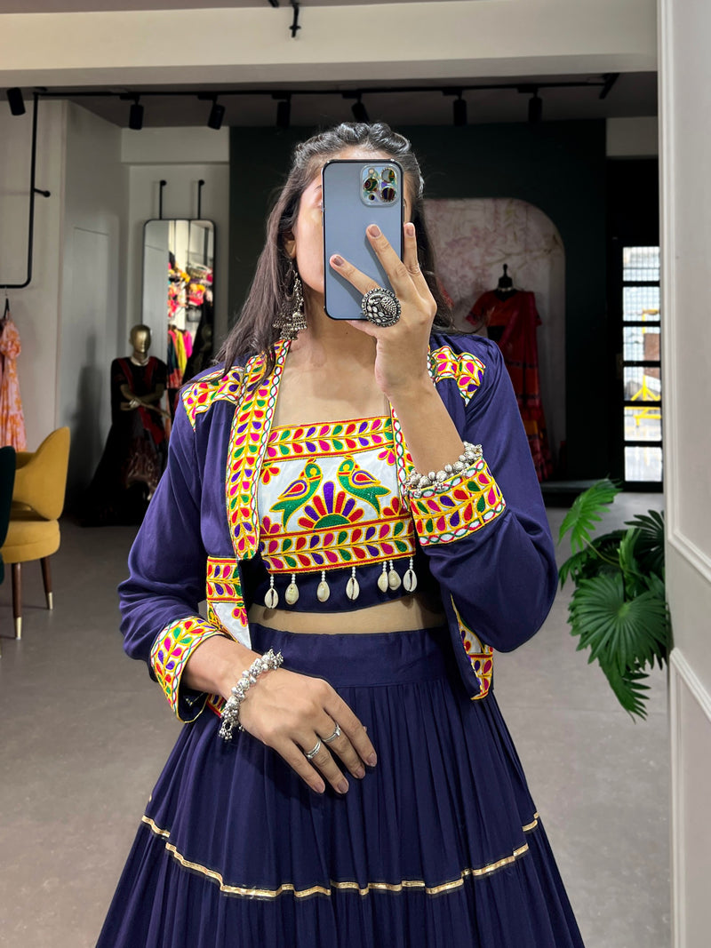 Navy Blue Color Pure Rayon Gamthi Work Navratri Lehenga Choli