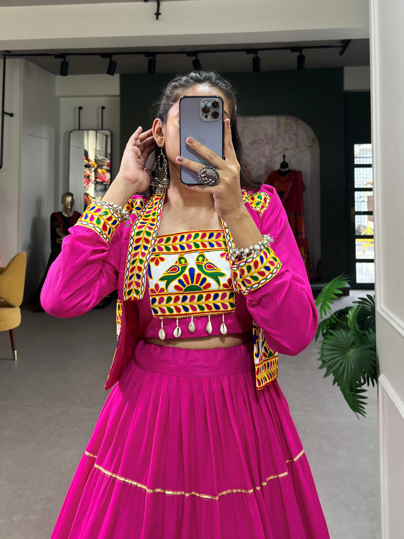 Pink Color Pure Rayon Gamthi Work Navratri Lehenga Choli