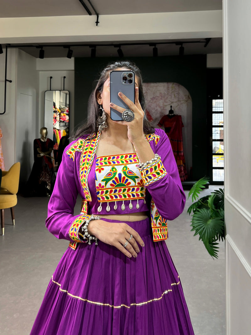 Purple Color Pure Rayon Gamthi Work Navratri Lehenga Choli