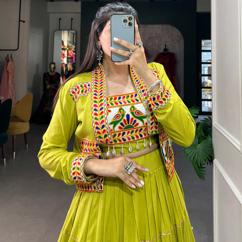 Parrot Color Pure Rayon Gamthi Work Navratri Lehenga Choli