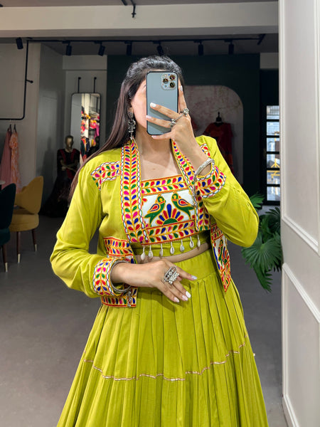 Parrot Color Pure Rayon Gamthi Work Navratri Lehenga Choli