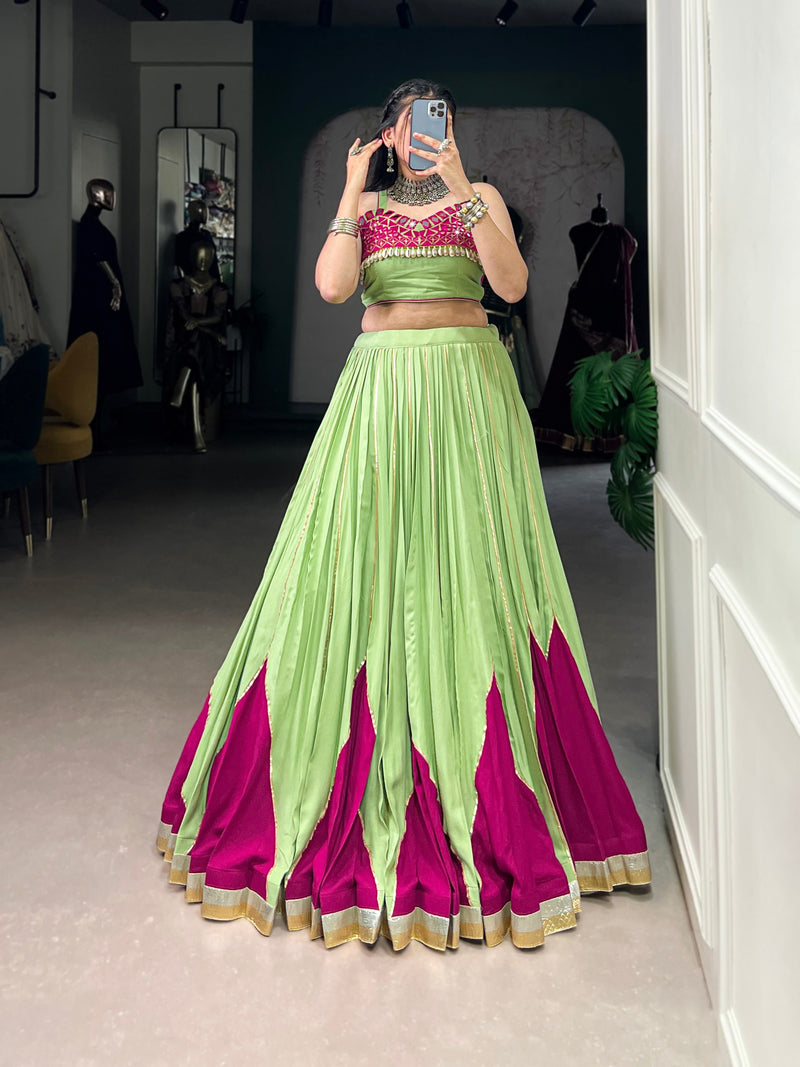 Light Green Color Pure Rayon Mirror Work Lace Navratri Lehenga Choli
