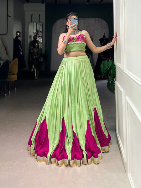 Light Green Color Pure Rayon Mirror Work Lace Navratri Lehenga Choli