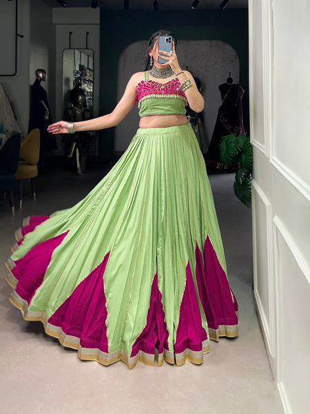Light Green Color Pure Rayon Mirror Work Lace Navratri Lehenga Choli