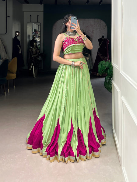 Light Green Color Pure Rayon Mirror Work Lace Navratri Lehenga Choli
