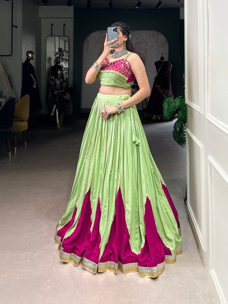 Light Green Color Pure Rayon Mirror Work Lace Navratri Lehenga Choli